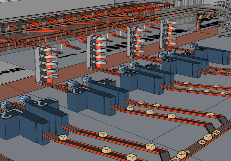 Detaillierte 3D-Darstellung eines automatisierten Materialflusssystems mit Fördertechnik, Spiralförderern und Verpackungslinien zur effizienten Logistikplanung.