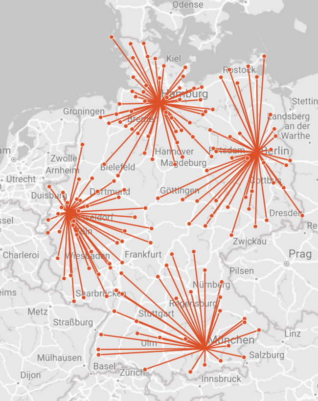 Karte mit optimierten Distributionsnetzwerken und Standortverbindungen – Symbol für datenbasierte Netzwerkoptimierung und strategische Logistikplanung