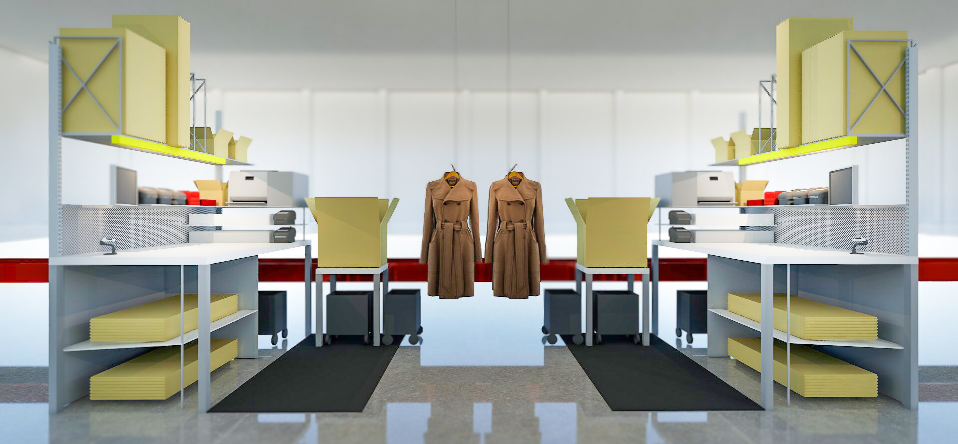 Moderne Packstation mit Arbeitsplätzen zur effizienten Versandvorbereitung von Bekleidung, ausgestattet mit Verpackungsmaterial, Regalen und Fördertechnik.
