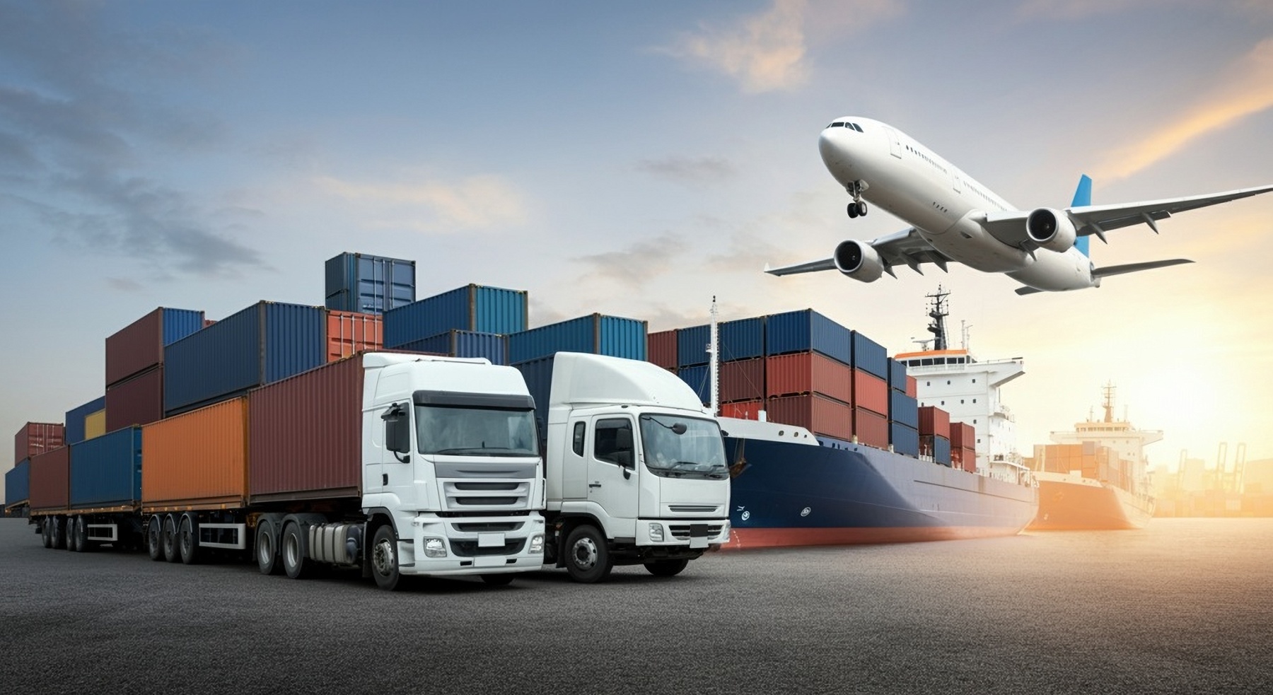 Containerterminal mit Lastwagen, Containerschiff und Flugzeug – Symbol für internationale Logistik, Transportoptimierung und effizienten Einkauf von Logistikdienstleistungen