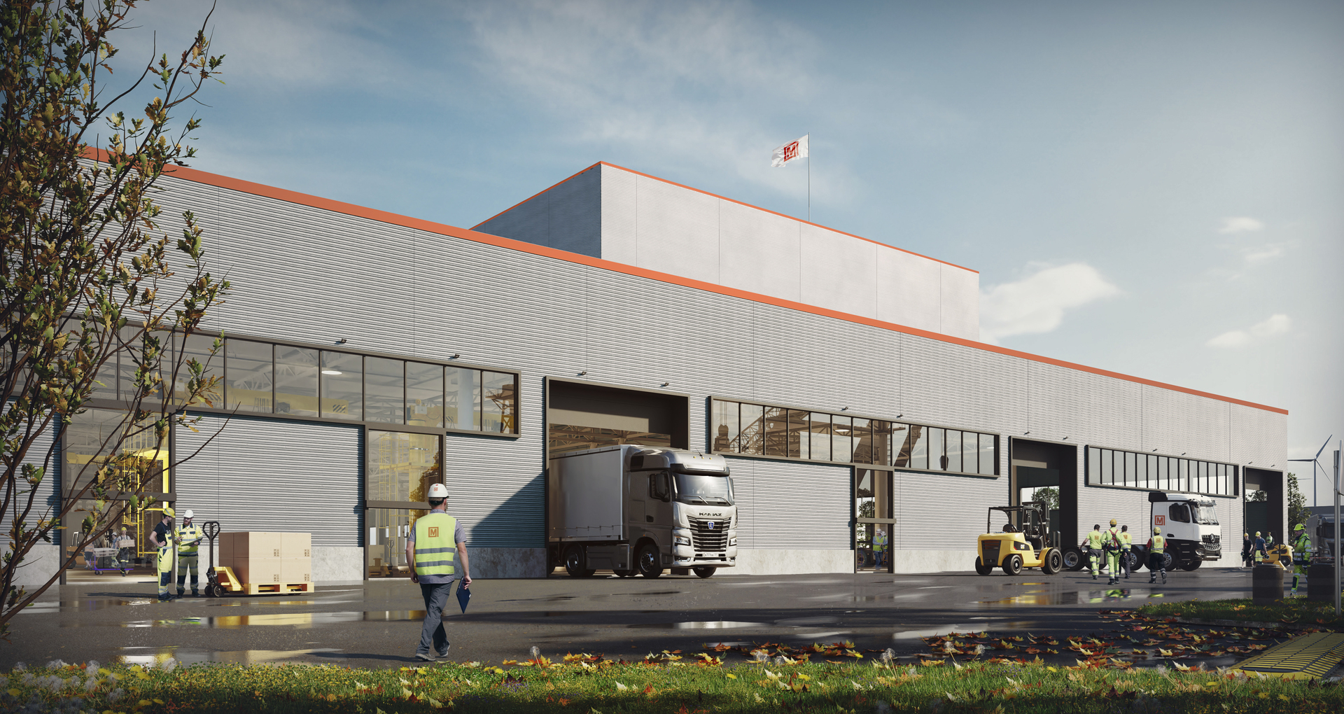 Bauprojekt mit Lagerhalle, Bauarbeitern und Fahrzeugen, symbolisiert präzise Projektsteuerung und Bauleitung.