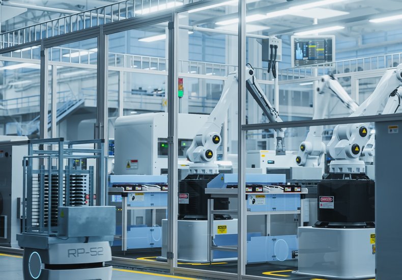 Hochmoderne Fertigungsanlage mit Robotik-Armen und automatisierten Transportsystemen zur Verarbeitung von sensiblen Materialien unter Reinraumbedingungen.