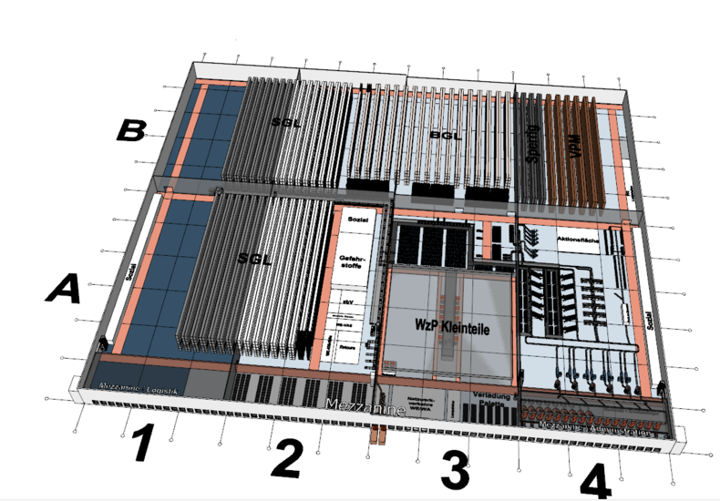 3D-Planung eines Logistikzentrums mit Materialfluss- und Lagerstruktur, inklusive Fördertechnik und Automatisierungstechnologien.