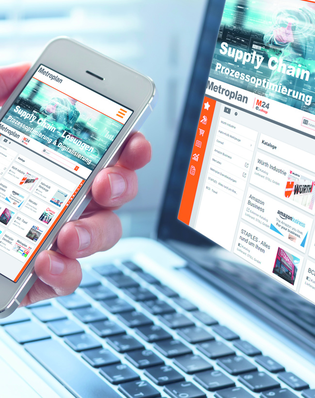 Nahaufnahme eines Smartphones und Laptops mit einer digitalen Beschaffungsplattform – Symbol für Prozessoptimierung, Automatisierung und Digitalisierung in Unternehmen