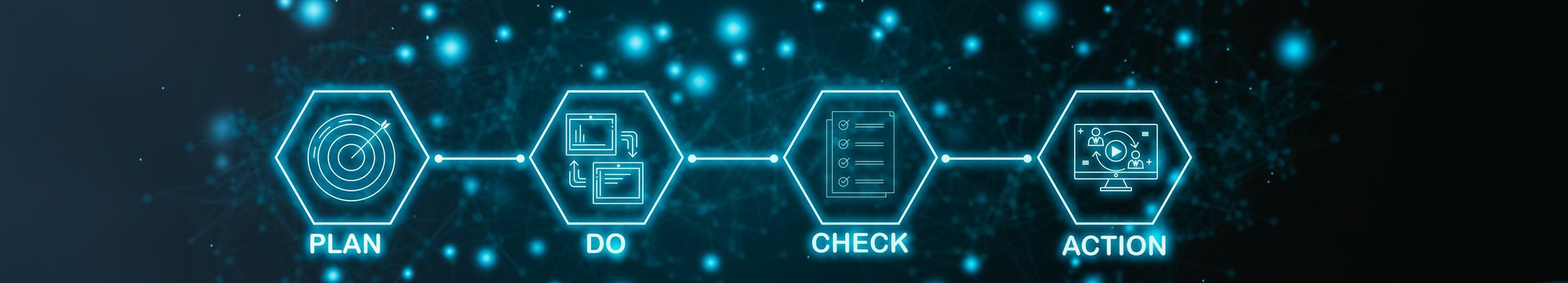 Digitale Darstellung des PDCA-Zyklus (Plan, Do, Check, Action) als zentrale Methode im Lean Management zur kontinuierlichen Prozessverbesserung.