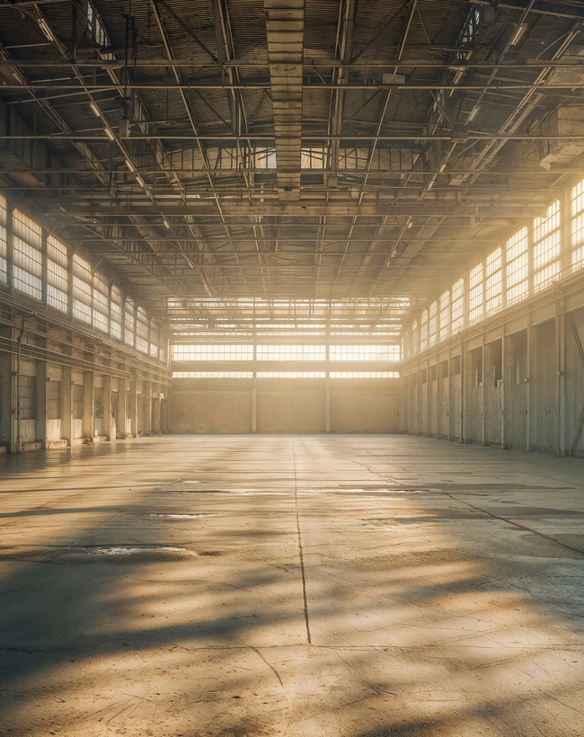 Leere Industriehalle mit einfallendem Sonnenlicht – Symbol für Standortkonsolidierung, Effizienzsteigerung und Neuausrichtung von Produktionskapazitäten