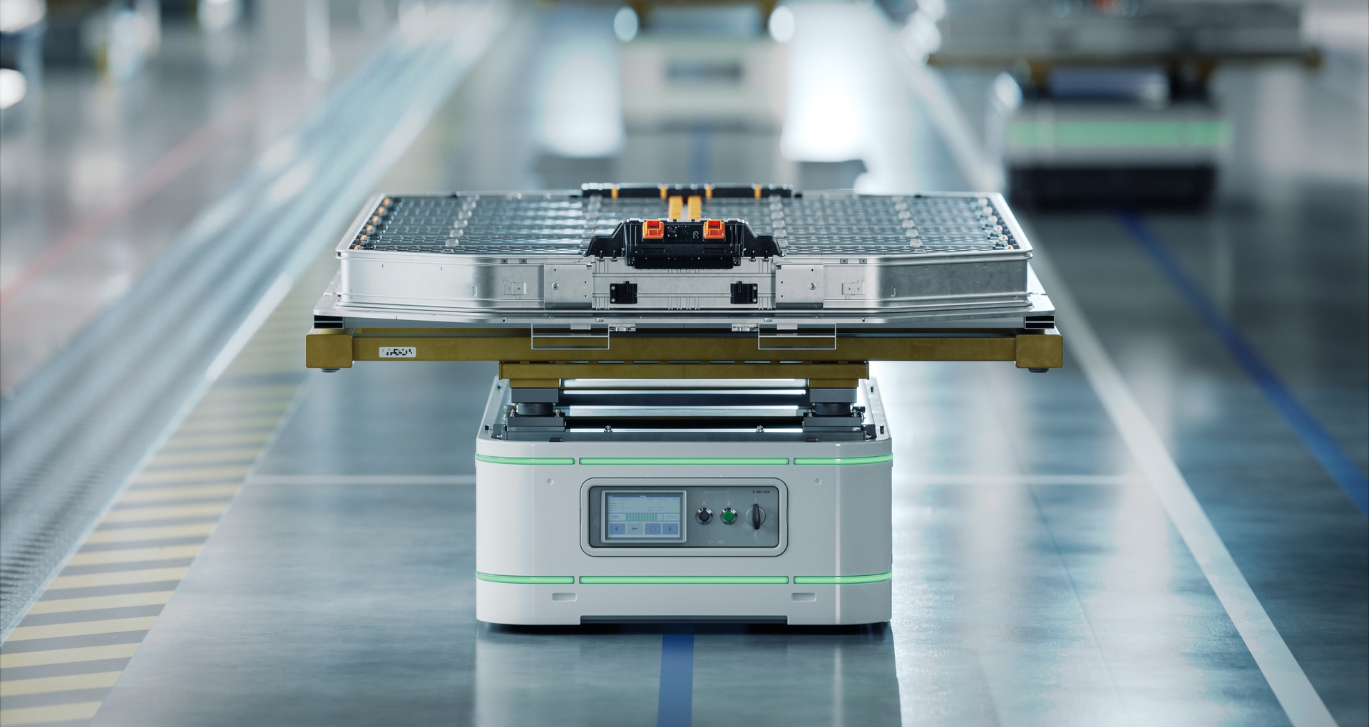 Autonomer mobiler Roboter (AMR) transportiert eine Batterieeinheit in einer modernen Fertigungsanlage.