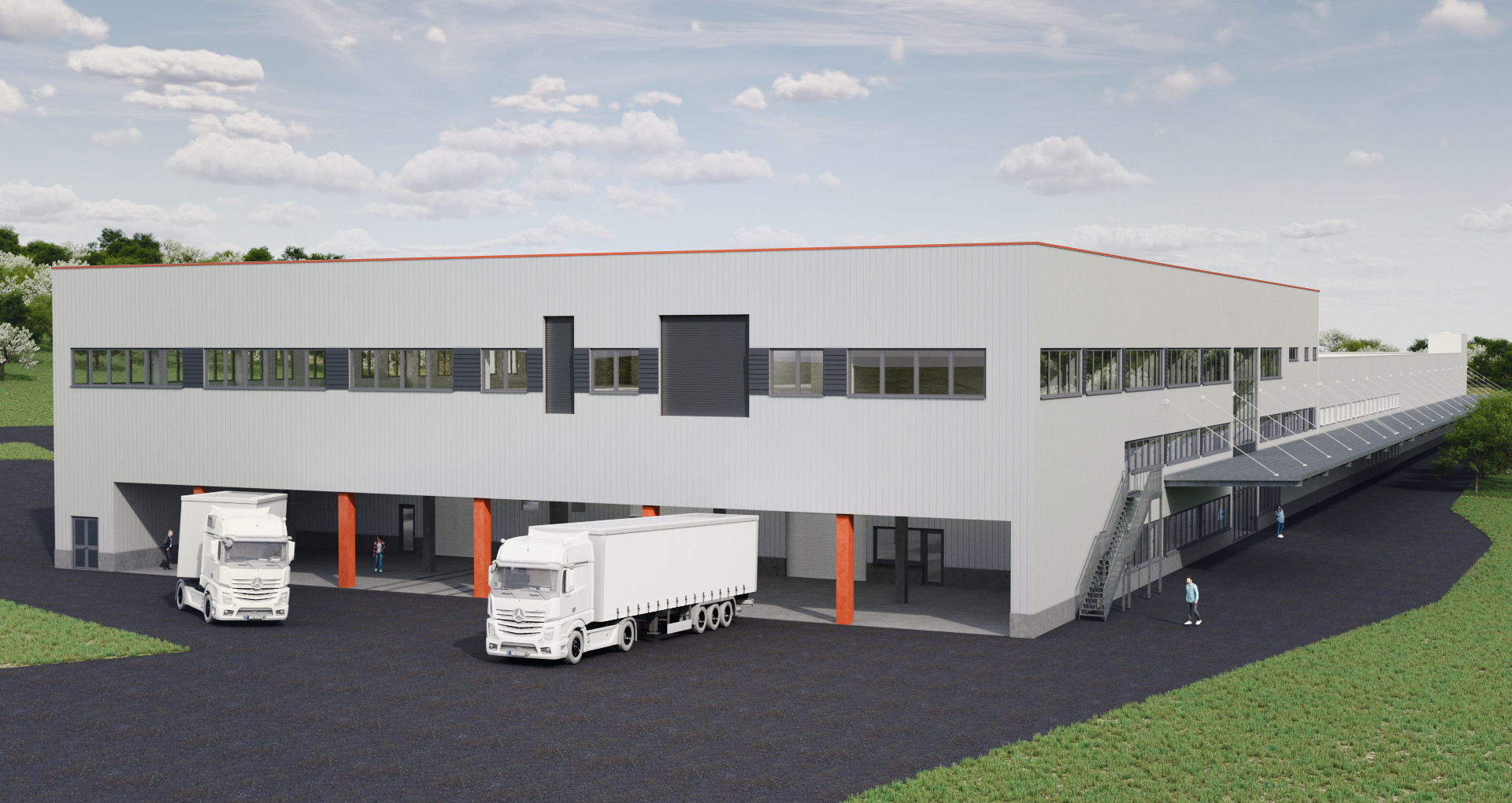 Modernes Gewerbegebäude mit LKW-Zufahrt, visualisiert im Rahmen der Entwurfs- und Genehmigungsplanung.