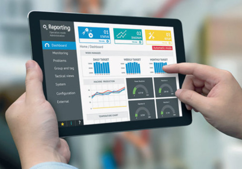 Tablet mit einem Lagerverwaltungs-Dashboard, das Echtzeit-Analysen und Prozesssteuerung für Wareneingang, Bestandsverwaltung und Transportmanagement anzeigt.