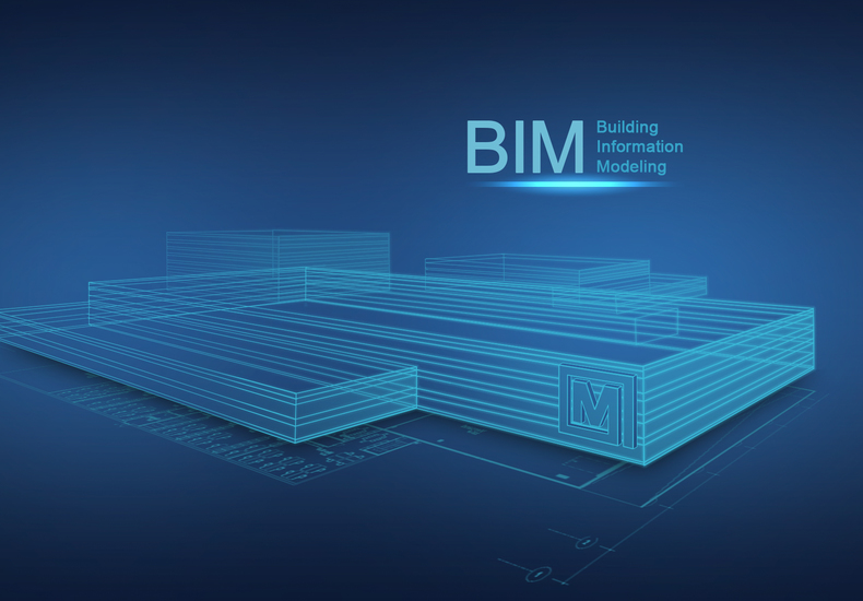 Digitales 3D-Modell eines Gebäudes mit "Building Information Modeling (BIM)"-Schriftzug – Symbol für präzise Bauplanung und digitale Zwillinge.